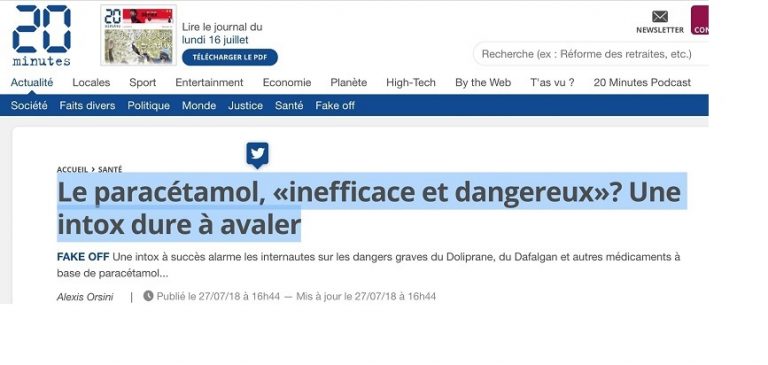 Dangers du paracétamol : l&rsquo;énorme intox du journal « 20 minutes »